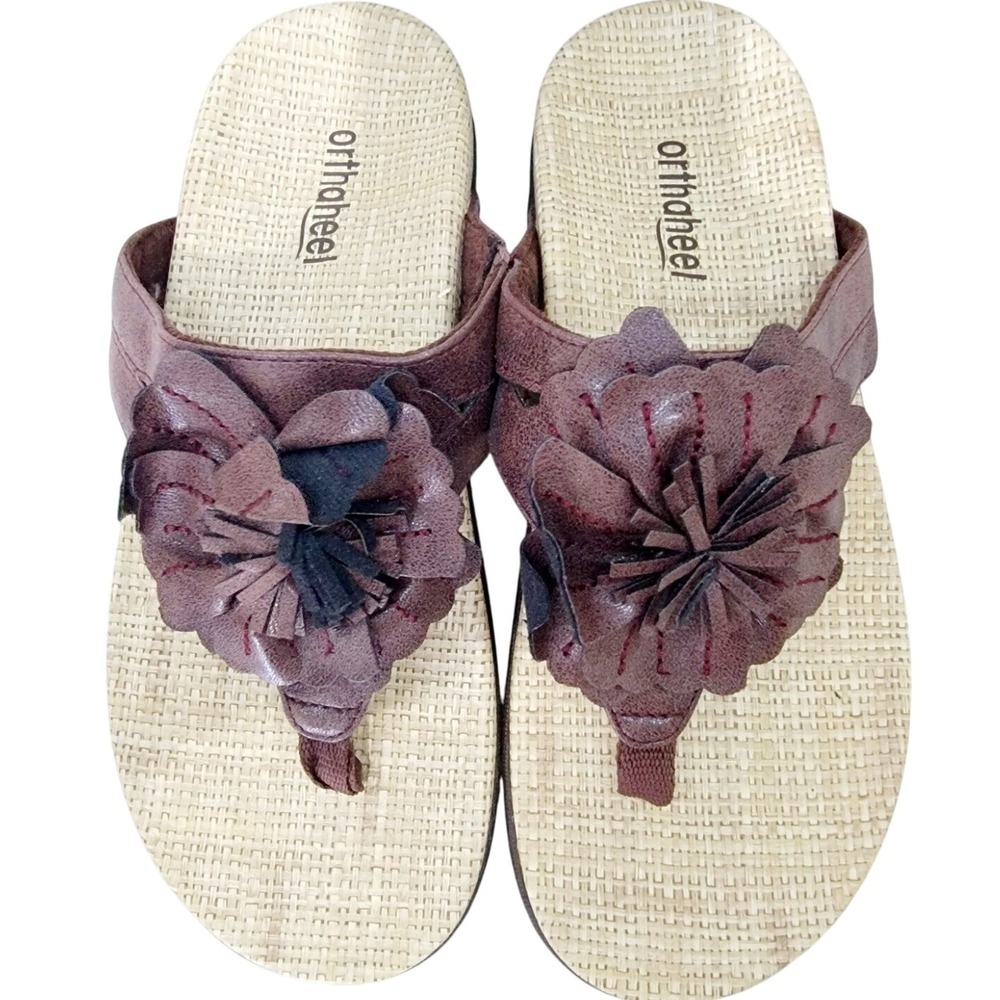 Orthaheel Thalia 6 Women's 37 Flip Flops Flower Tan Brown Sandals New